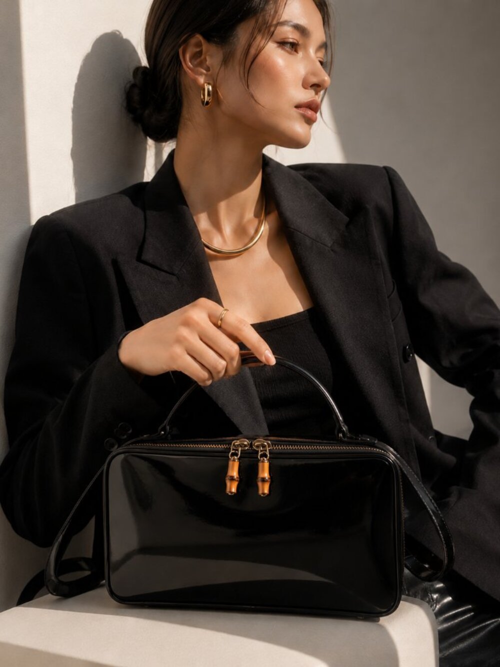 Vintage Gucci Black Patent Leather Bamboo Zip Satchel | Made in Italy